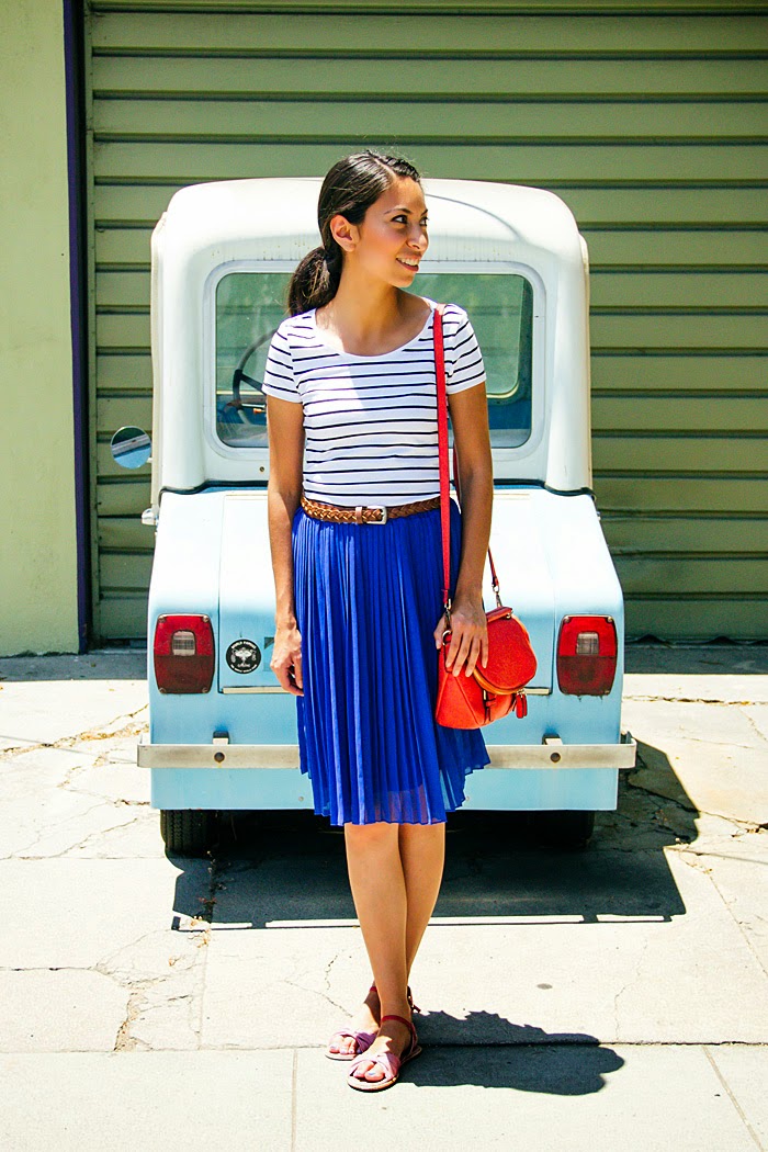 stripe tshirt, blue pleated skirt