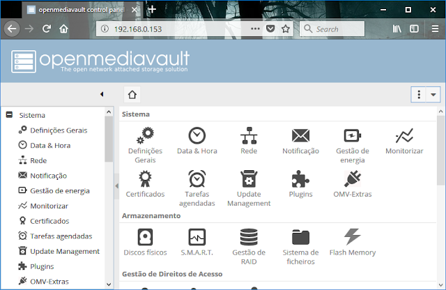 Tela principal openmediavault Tela principal openmediavault