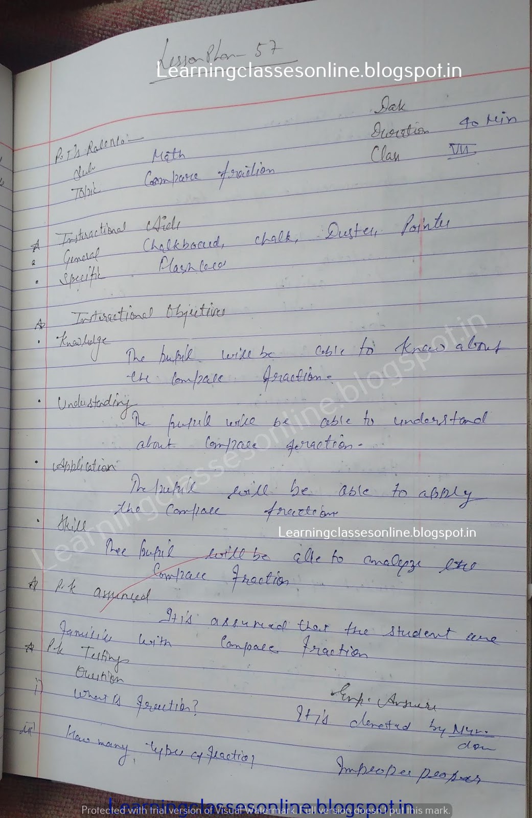 Mathematics Real Teaching Lesson Plan on Compare Fraction Topic - Math B.Ed Lesson Plans Format and Steps for Making Mathematics Teaching Lesson Plan on Compare Fraction