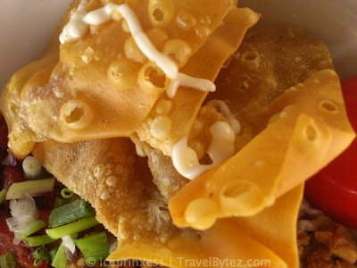 the thiny cripsy fried wontons on top of the kolo mee
