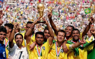 Brazil becomes fourth time winners of FIFA World Cup USA 1994 against Italy. FIFA, World Cup, united states, 1994, winners, team, champions, brazil , italy, losers, holds, WC trophy.