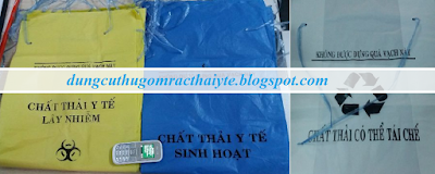 Túi đựng rác y tế có logo màu xanh, trắng, vàng phòng khám quận Gò Vấp