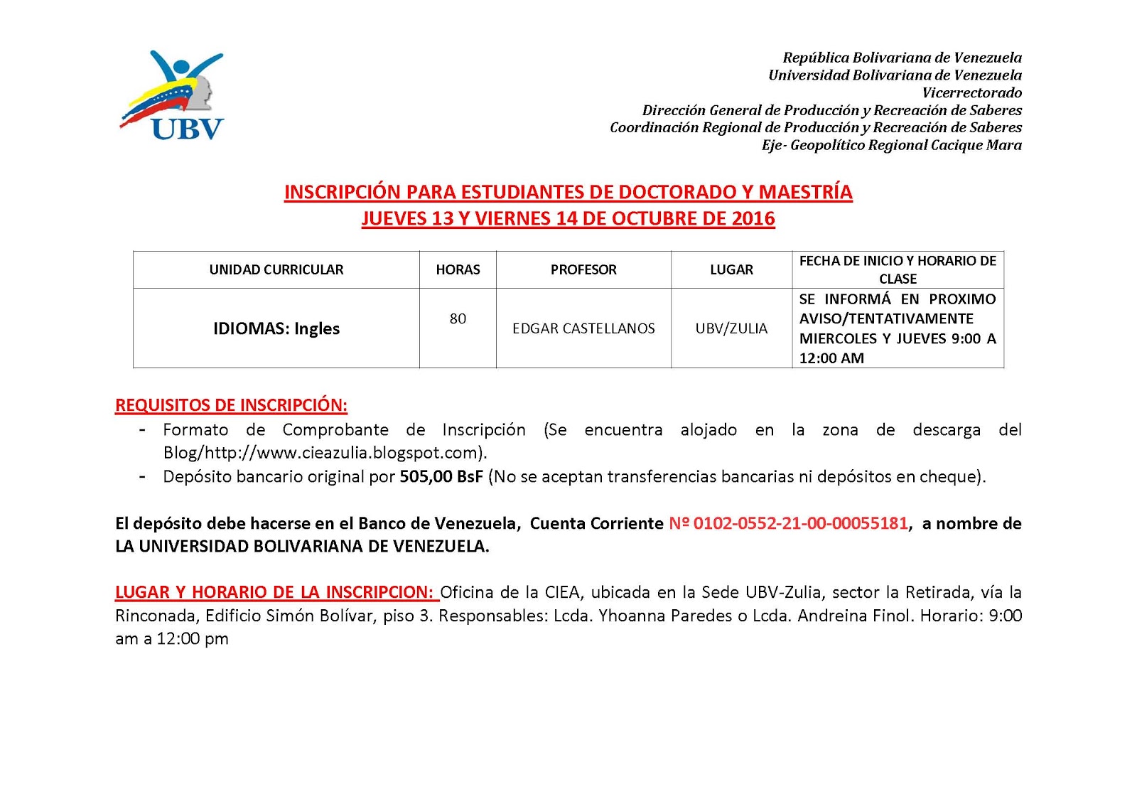 BLOG CRPRS ZULIA Aviso de inscripciones de Ingles. Doctorado y Maestria