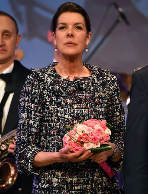 Prince Albert of Monaco and his sisters Caroline, Princess of Hanover and Princess Stéphanie of Monaco attended celebrations of 50th anniversary of the Police Orchestra, style, jewelery, diamond earrings, wedding dress, wedding diamond, fashions