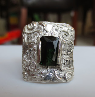 Metal clay ring with 3 carat green tourmaline ring for my sister is finally finished!