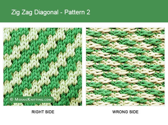 Mosaic Knitting - Two Color Knit Stitch Pattern. Right side vs wrong side of the Zig Zag Diagonal stitch - Pattern 2