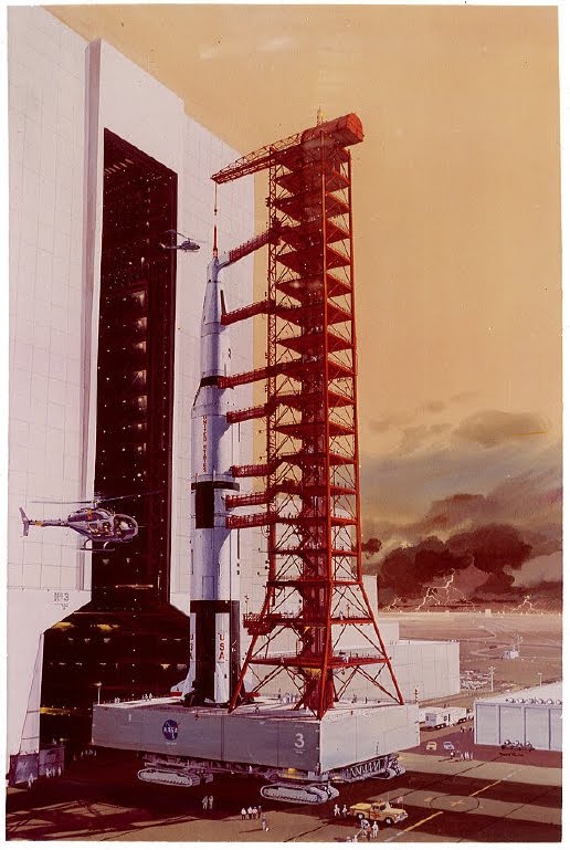 painting of rocket and service gantry on launch pad