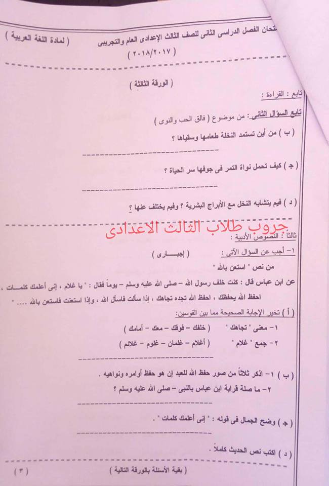 امتحان اللغة العربية للثالث الاعدادي الترم الثانى 2018 محافظة الوادي الجديد 3