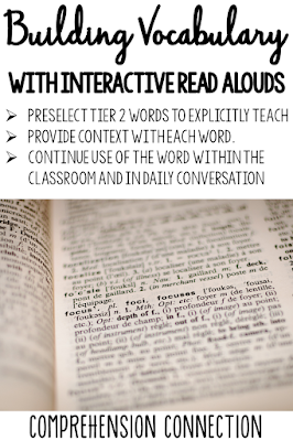 Building vocabulary is one big benefit to using interactive read alouds. Teachers can select tier 2 words, introduce them with the text and extend them into follow up activities. Building vocabulary is one big benefit to using interactive read alouds. Teachers can select tier 2 words, introduce them with the text and extend them into follow up activities.