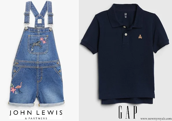 Princess Charlotte wore a John Lewis and Partners embroidered dungaree shorts, Prince Louis wore a Gap polo shirt