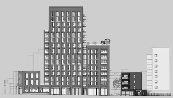 An architect's impression of the "Benjy's Towers" scheme as seen from Burdett Road.