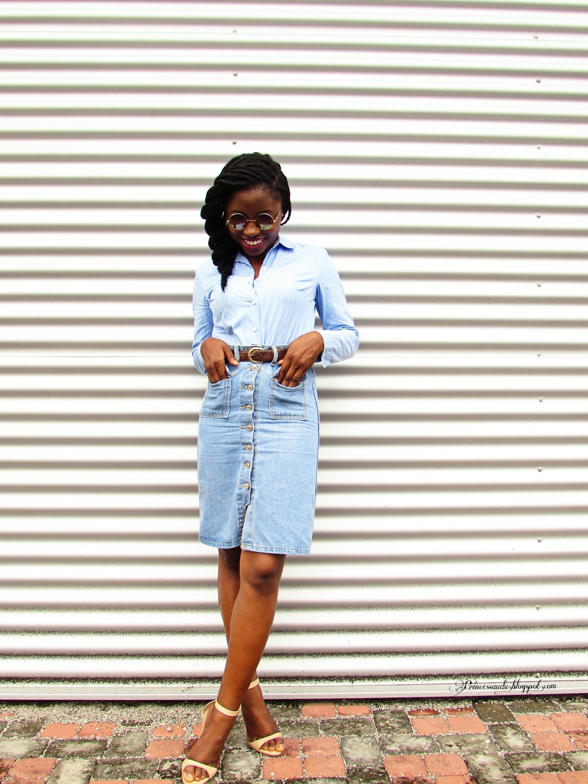 Denim skirt, pinstripes, sheinside, vintage, shades of blue 