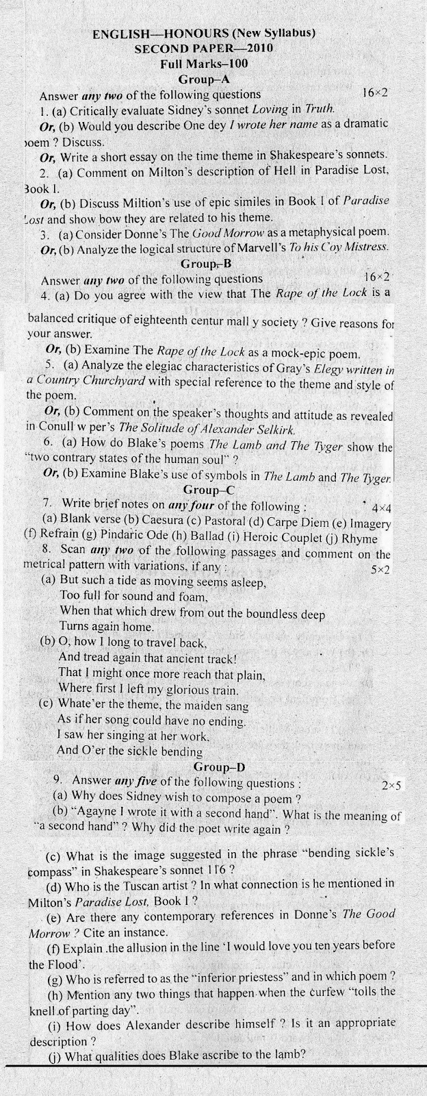 C.U. English Honours Question Paper 2010 [Second Paper] The Wise
