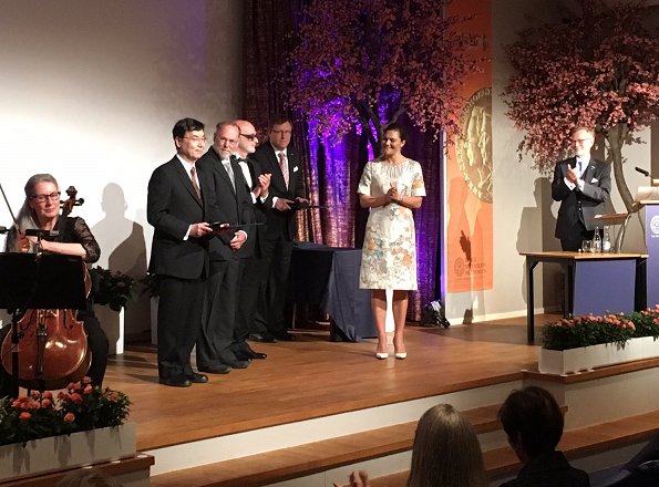 Crafoord Prize award ceremony. Princess Victoria wore H&M Floral Print dress, Gianvito Rossi Leather shoes and carried Anya Hindmarch Gold Metallic Clutch