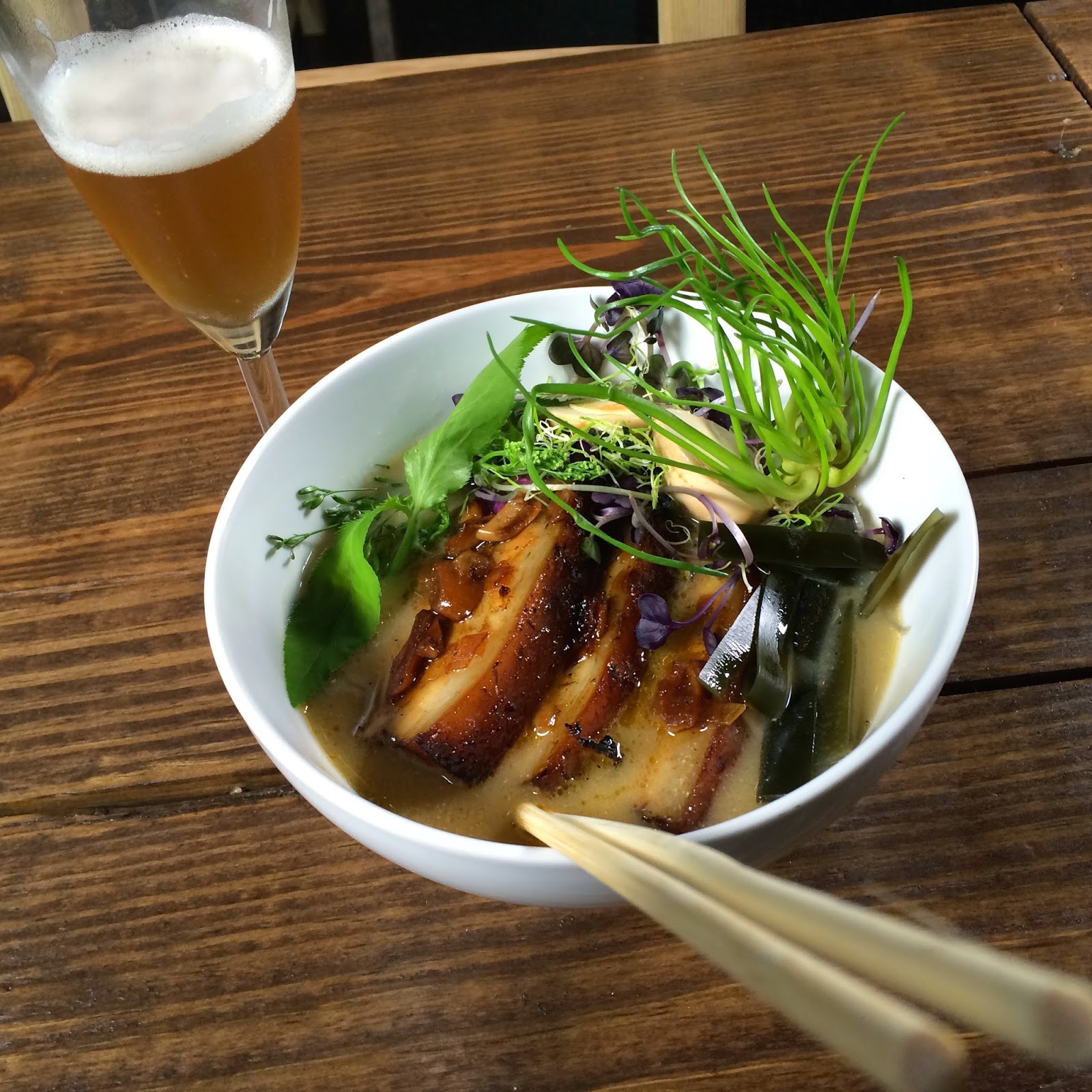 Boneless Pork Rib Ramen: Soy Braised, Miso Broth, Udon Noodles, Pickled Quail Egg and Sprouts.