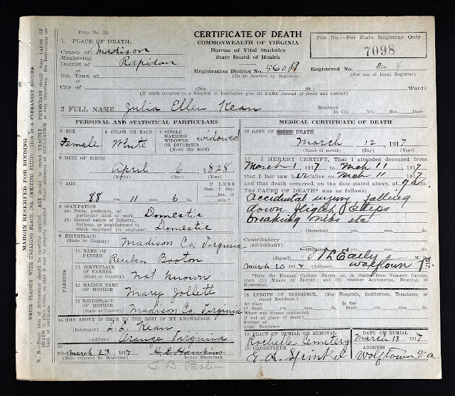 Death Certificate for Julia Ellen Booton Kean  http://jollettetc.blogspot.com