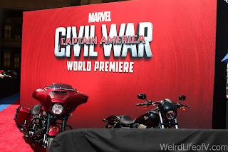 Captain America: Civil War Red Carpet World Premiere Iron Man themed motorcycles on the red carpet