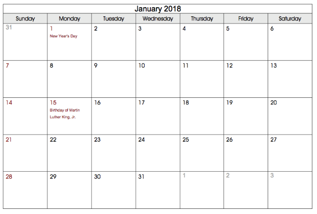 online calendar july 2018
