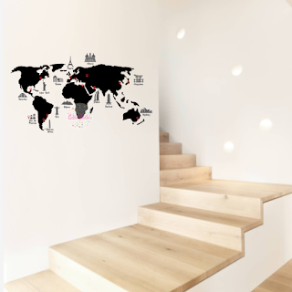 vinilo decorativo mapamundi planisferio monumentos ciudades pared