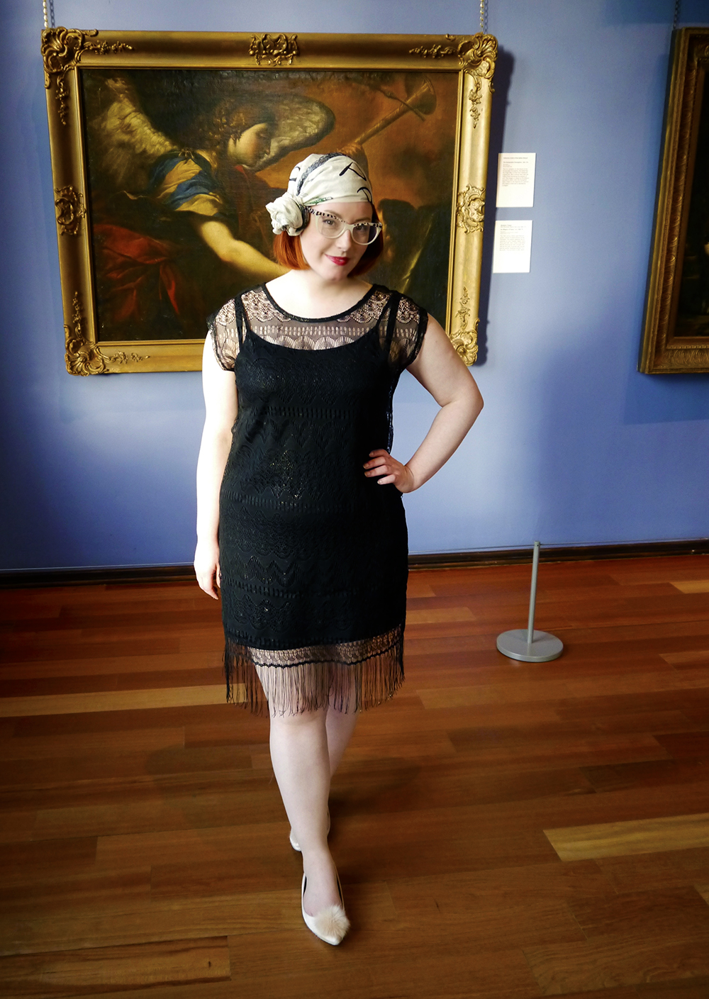 1920s Style at The McManus Styled by Helen, Scottish Bloggers, Dundee blogger, 1920s fashion, 1920's style, vintage style, headscarf style, scarf style, vintage scarf, George at Asda, ASOS pom pom shoes, pom pom flats, 1920s headscarf style, fringed dress, The McManus, Dundee