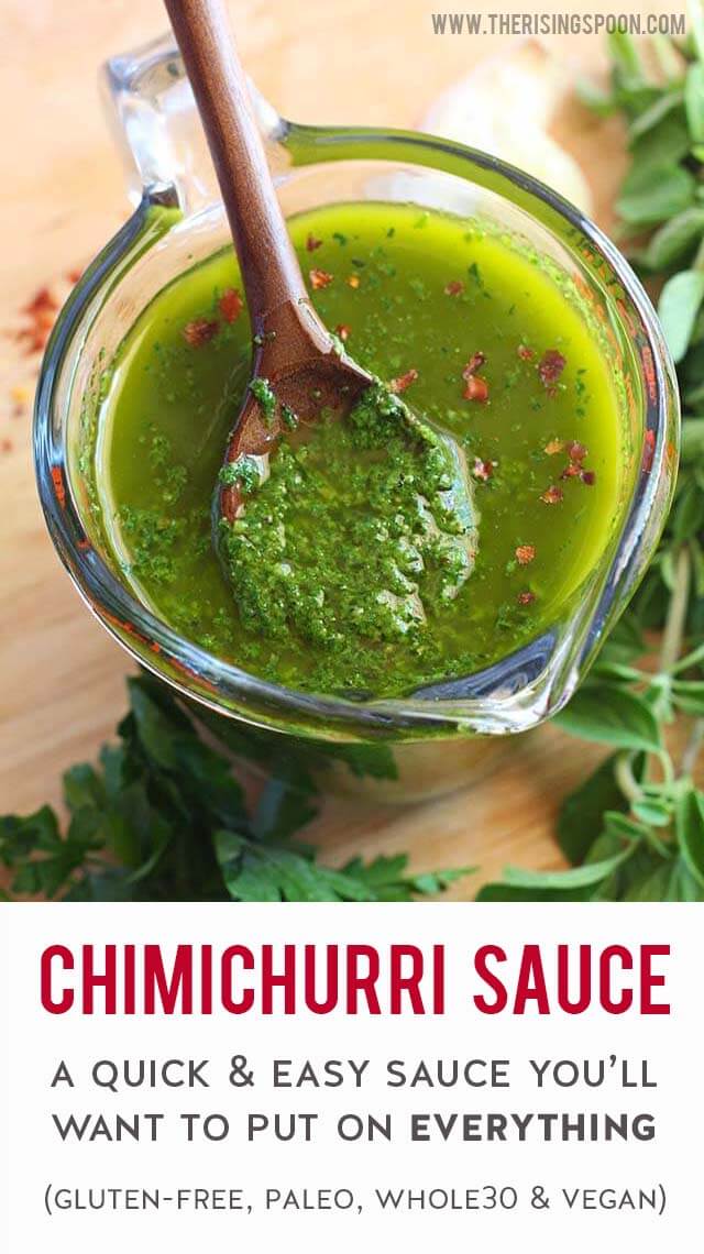 Chimichurri is a bright and tangy sauce featuring simple & healthy ingredients such as parsley, oregano, garlic, vinegar, and oil. Drizzle it on savory foods like meat, fish, eggs, vegetables, and bread for a pop of intense herbaceous flavor. Keep this recipe in your back pocket for when you need a fast, easy & inexpensive sauce for meal planning or parties!