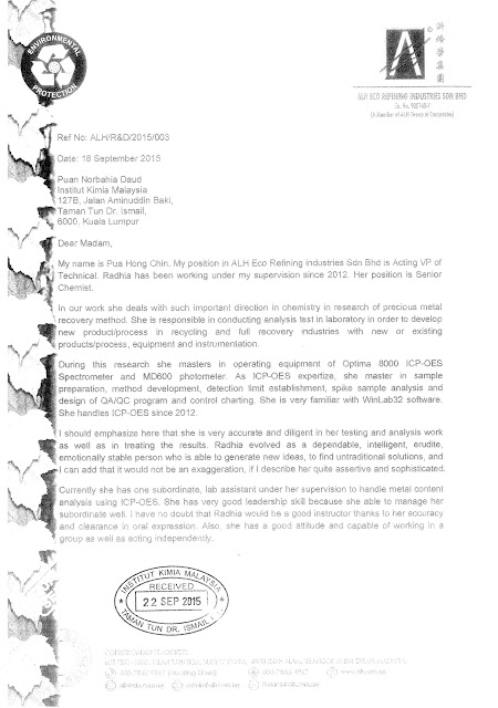 Contoh Referee Letters Untuk Permohonan MMIC(Member Of Malaysia Institute Of Chemistry)