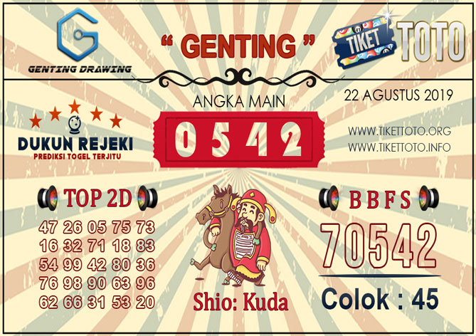 Prediksi Togel GENTING DRAWING TIKETTOTO 22 AGUSTUS 2019