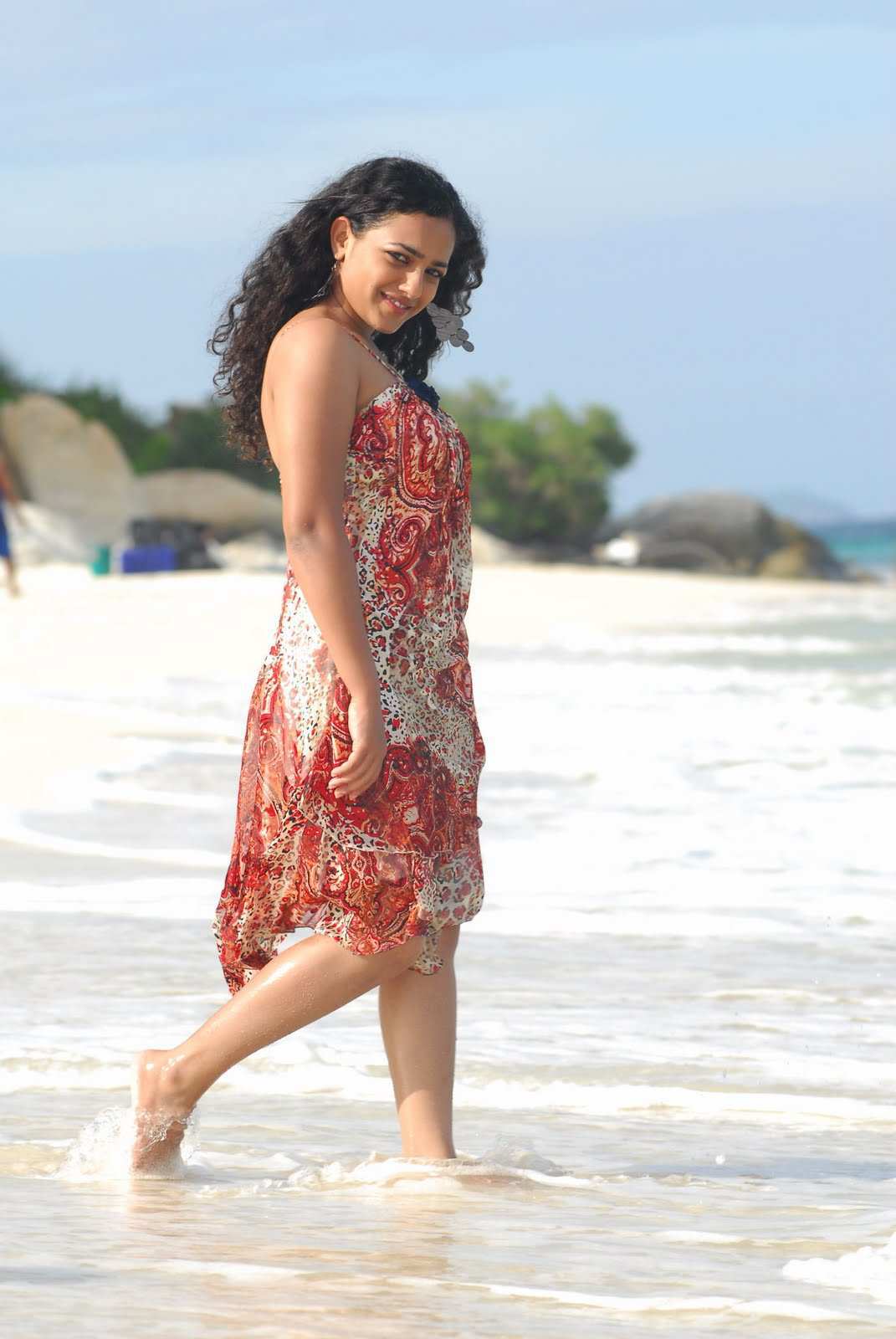 Kollywood Actress Nithya Menon Wet Hot Legs Show Photo shoot In Red Dress