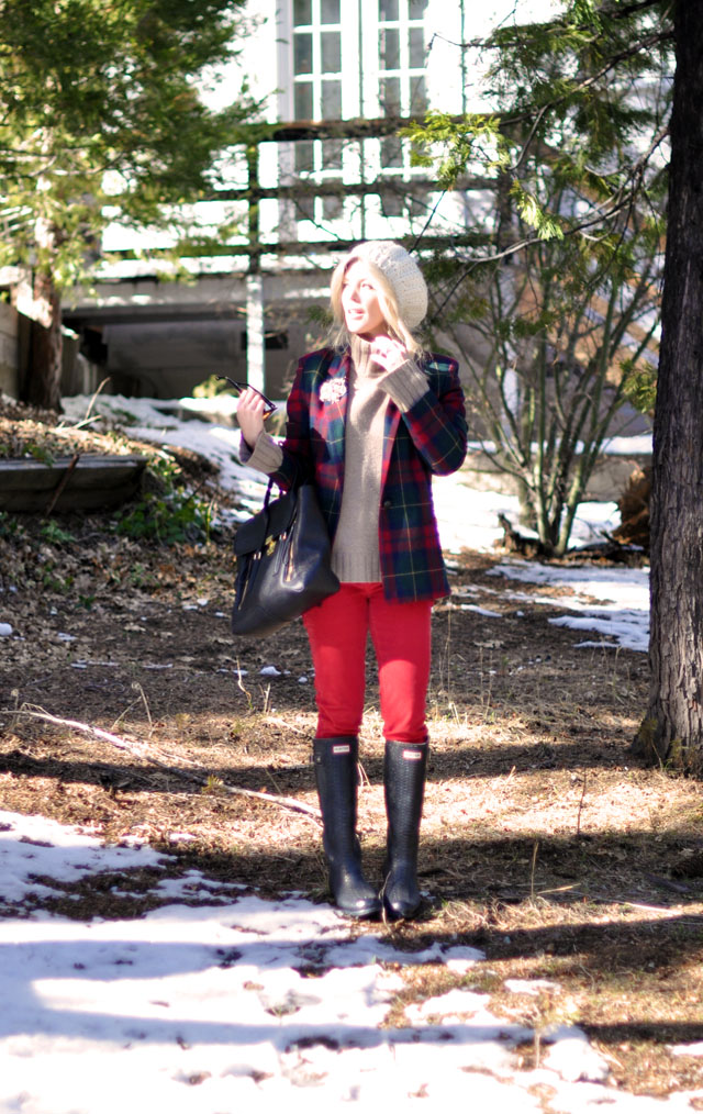 plaid jacket, red pants, hunter boots