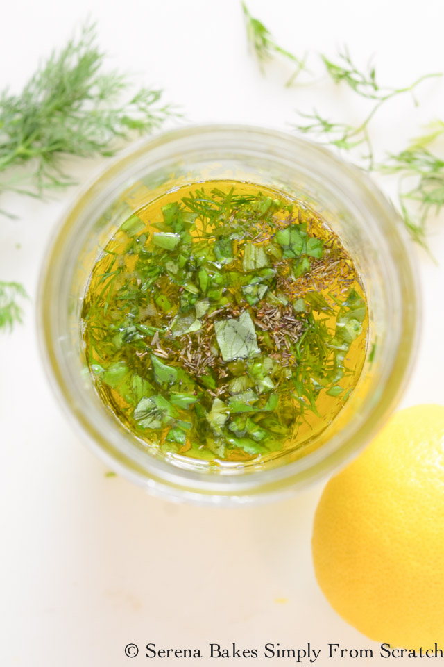 Lemon Dill Basil Vinaigrette for Roasted Shrimp Asparagus Orzo Pasta Salad.