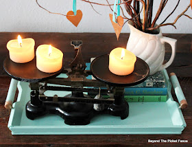 centerpiece, tray, old books, candles, balance, curly willow, fusion mineral paint, copper paint, valentines day, http://bec4-beyondthepicketfence.blogspot.com/2016/01/how-to-make-centerpiece.html