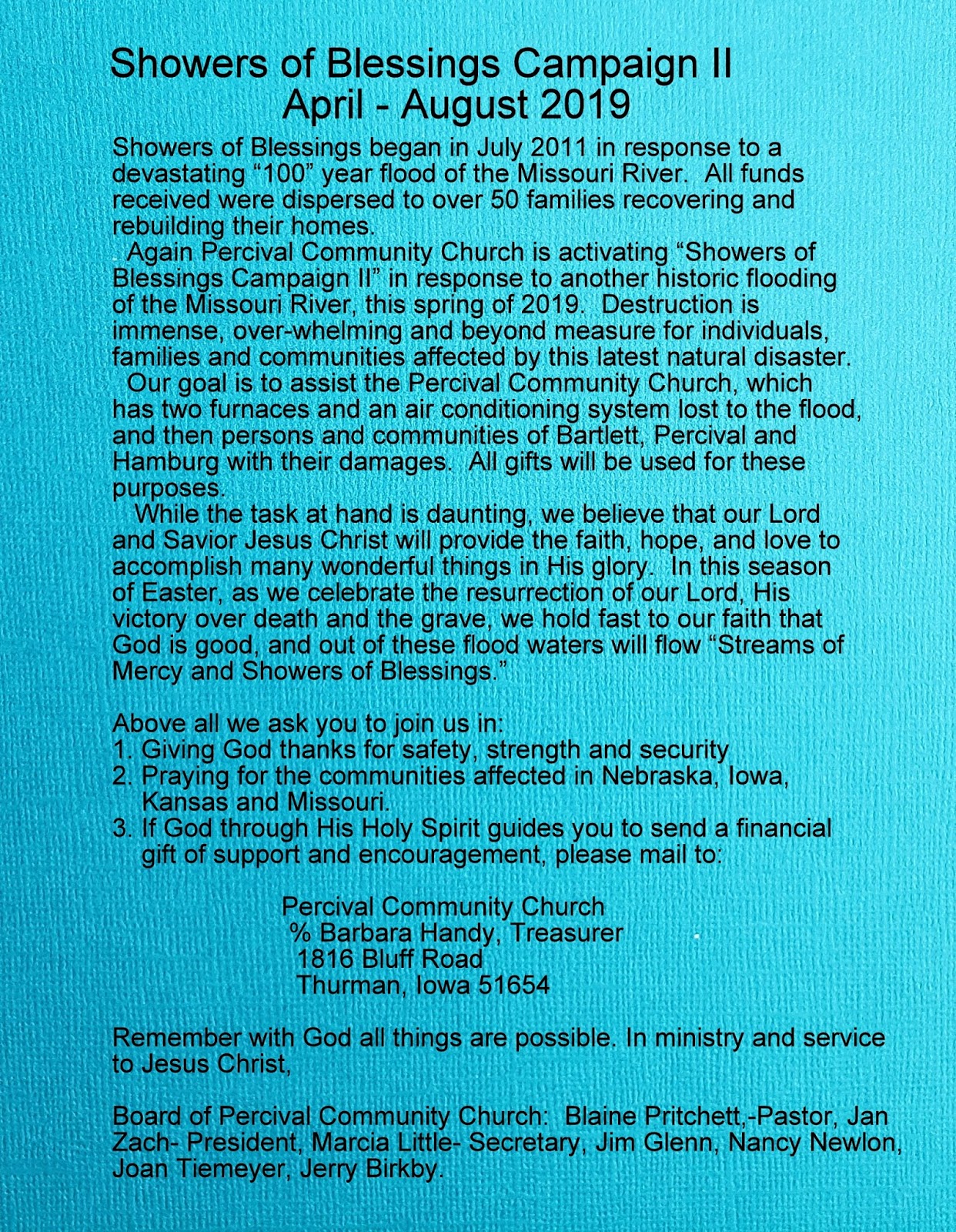 Percival Community Church Showers of Blessings Campaign II