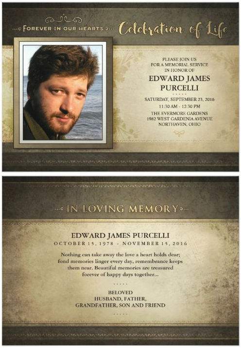 beautiful golden brown custom memorial invitation customize with your photo and text two sided front and back