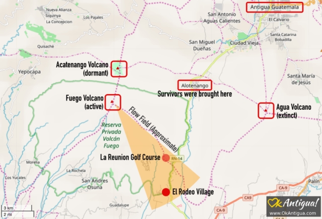 Map Volcán de Fuego's path of destruction Guatemala Map Volcán de Fuego's path of destruction Guatemala