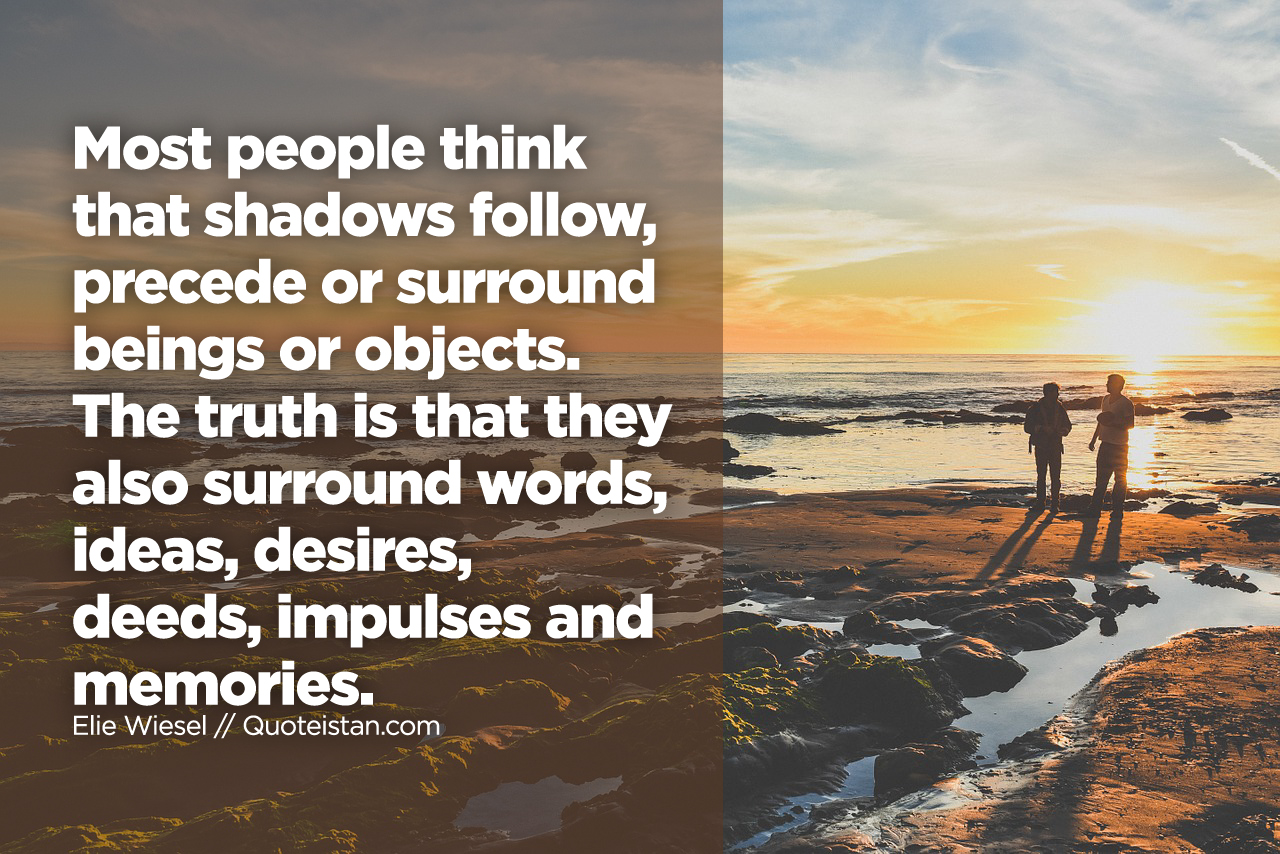 Most people think that shadows follow, precede or surround beings or objects. The truth is that they also surround words, ideas, desires, deeds, impulses and memories.