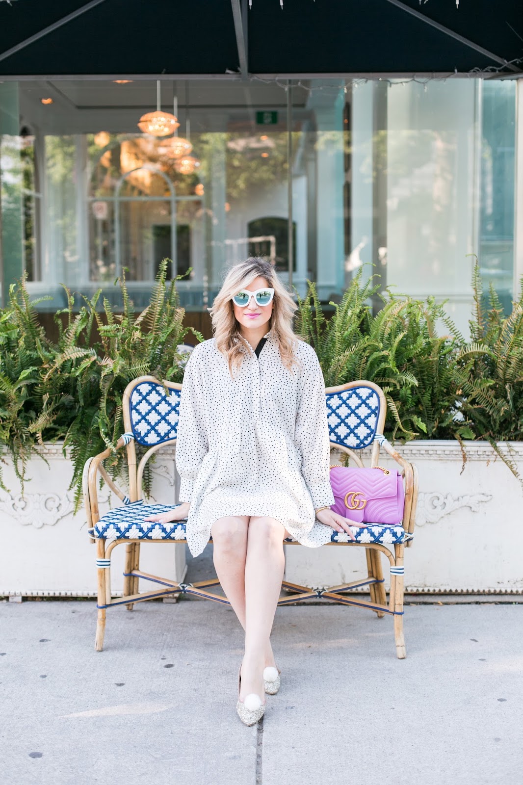 Bijuleni - My Go to Casual Everyday Outfit. Shift dress, sparkly silver flats, GG Marmont Maxi