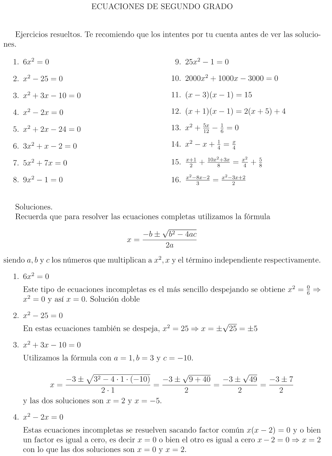 Ejercicios Resueltos Más Ecuaciones De Segundo Grado Con Soluciones