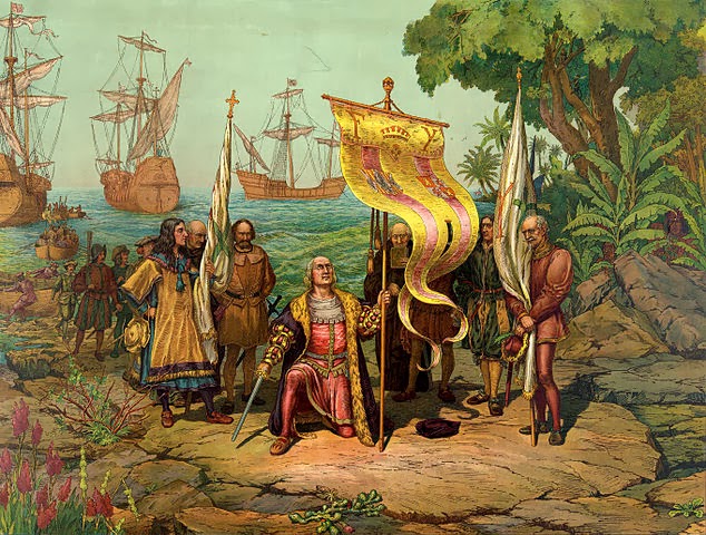 La llegada de Colón a América representada en esta pintura de Gergio Deluci