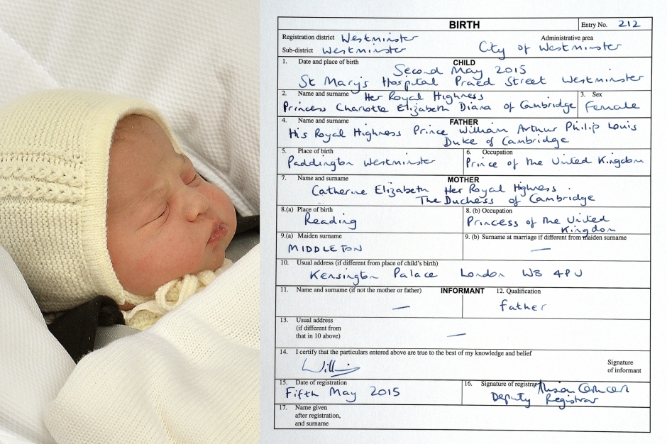 The birth certificate of Princess Charlotte of Cambridge