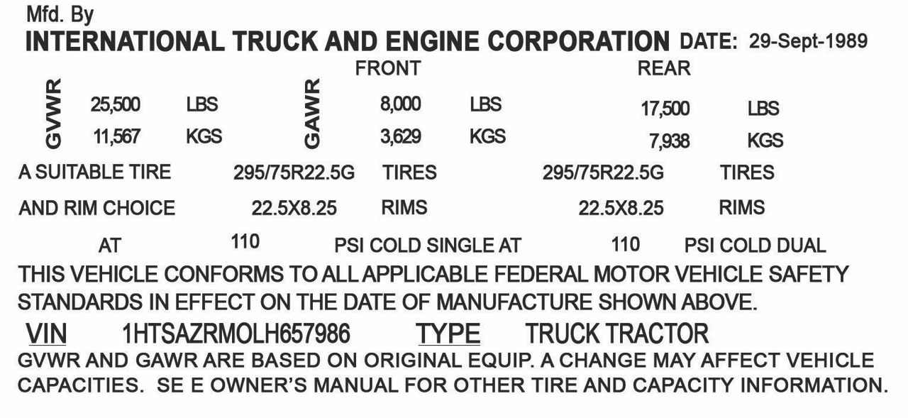 Replacement VIN (vehicle identification number) Stickers 2018