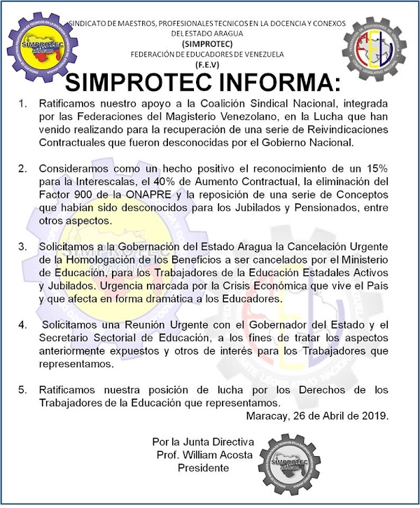 SIMPROTEC INFORMA:SINDICATO DE MAESTROS, PROFESIONALES TECNICOS EN LA DOCENCIA Y CONEXOS DEL ESTADO ARAGUA SIMPROTEC INFORMA:SINDICATO DE MAESTROS, PROFESIONALES TECNICOS EN LA DOCENCIA Y CONEXOS DEL ESTADO ARAGUA