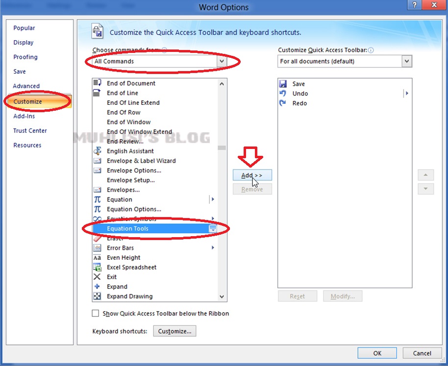 shortcut to insert equation in word 2007