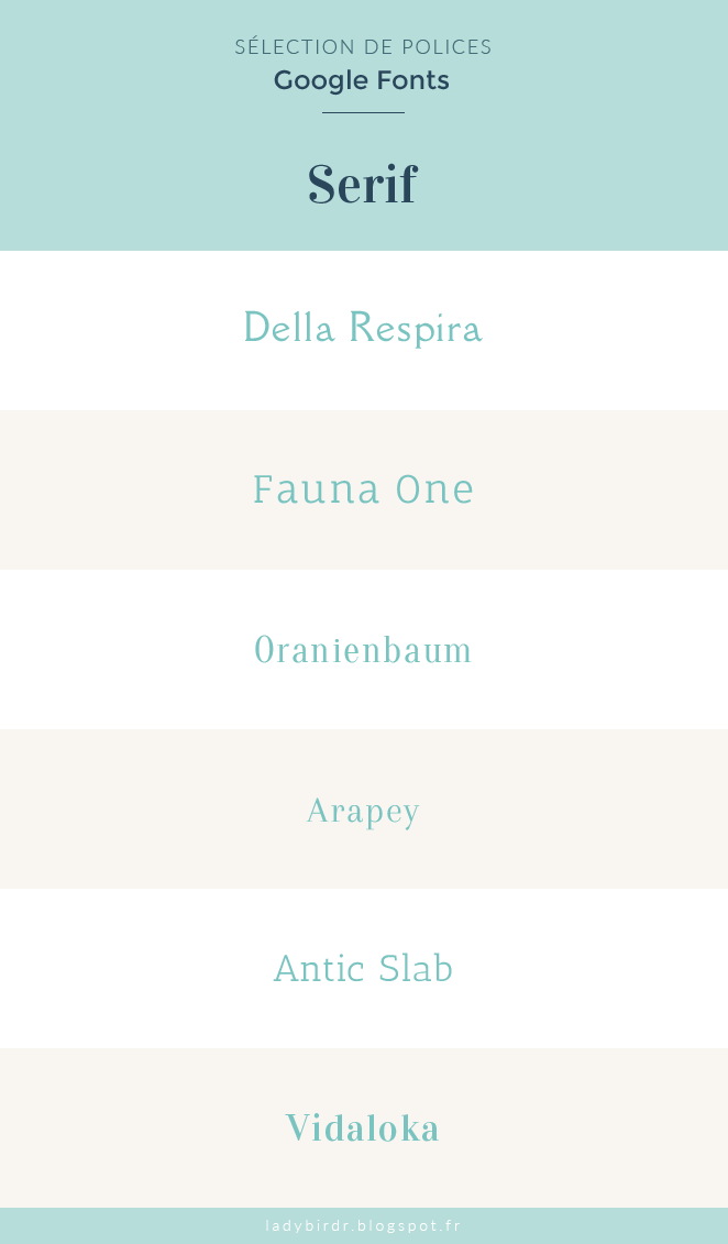 Sélection de polices serif sur Google Fonts . Lady Bird Red || http://ladybirdr.blogspot.fr/ Sélection de polices serif sur Google Fonts
