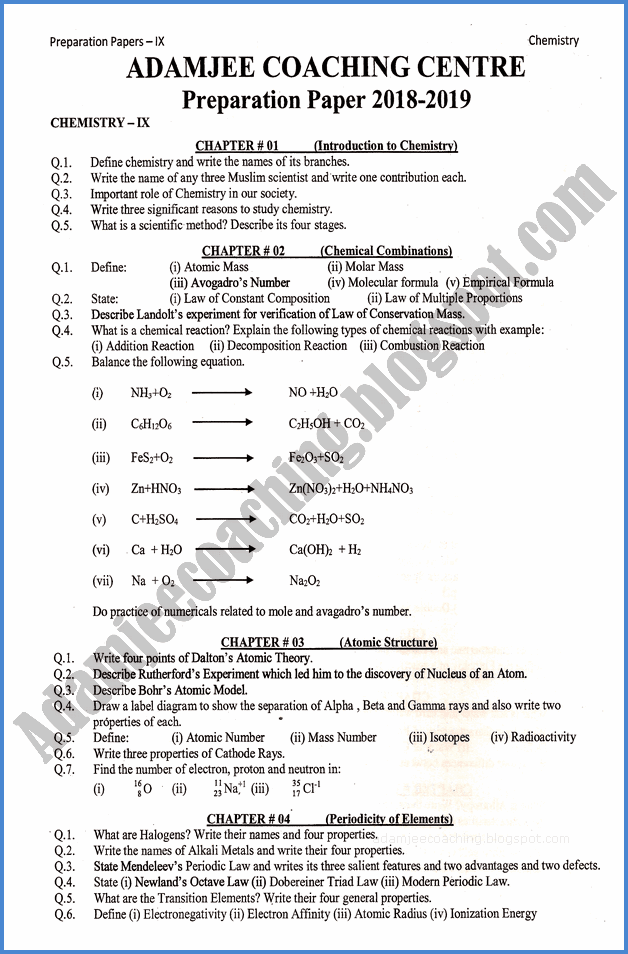 Adamjee Coaching: Chemistry 9th - Adamjee Coaching Guess Paper 2019
