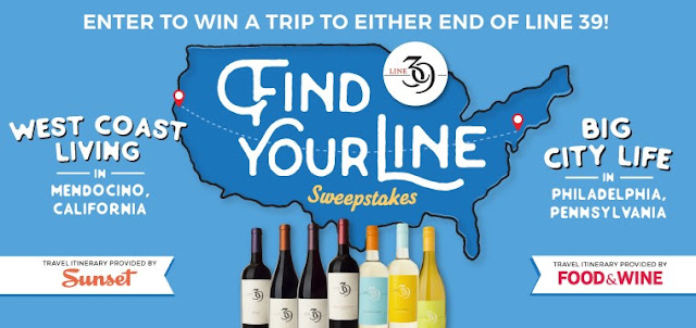Find Your Line Sweepstakes Line 39 Wines wants you to enter once for your chance to win a trip to your choice of either end of Line 39, Mendocino, California or Philadelphia, Pennsylvania!