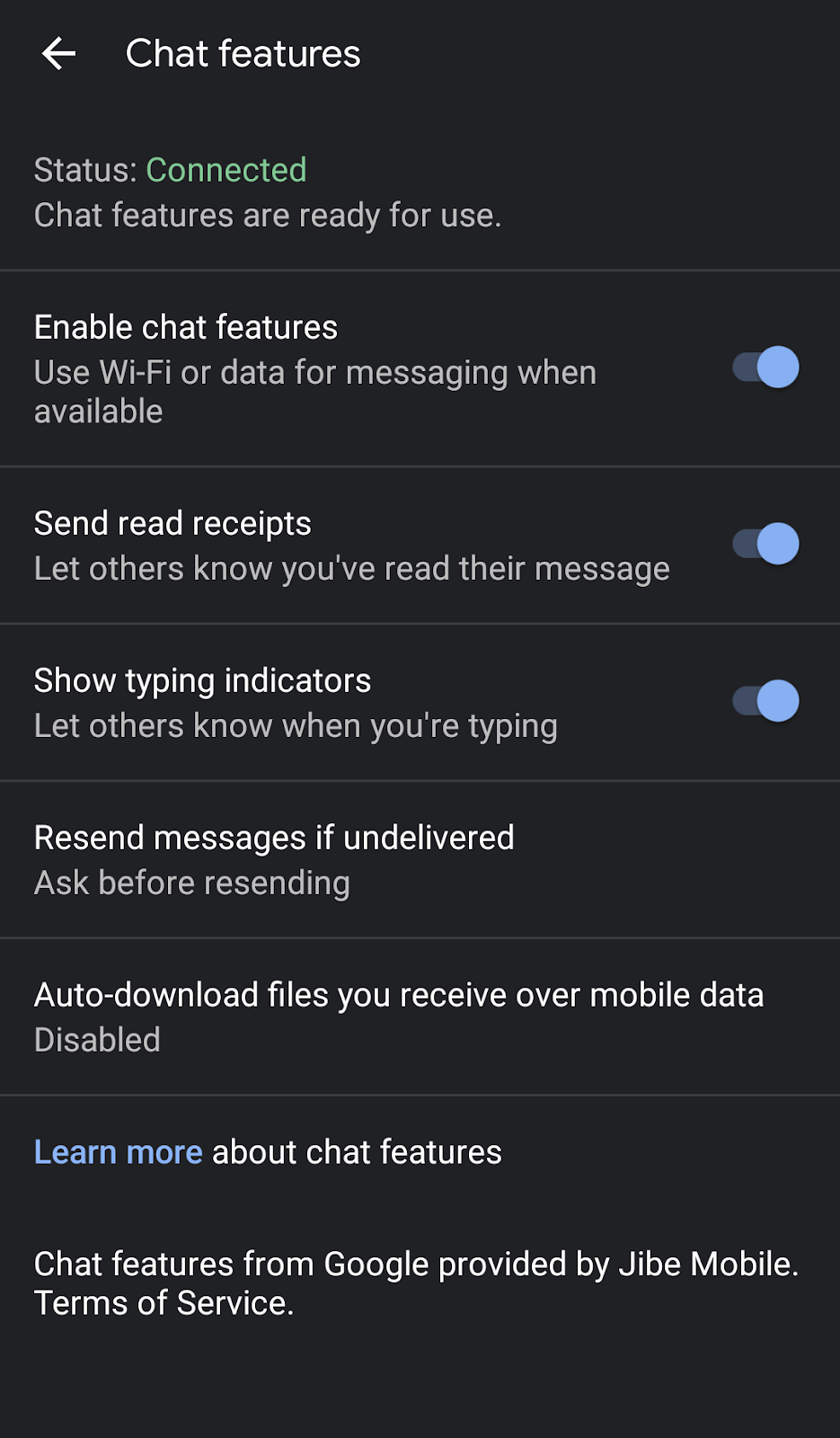 RCS chat features settings available in Google Messages