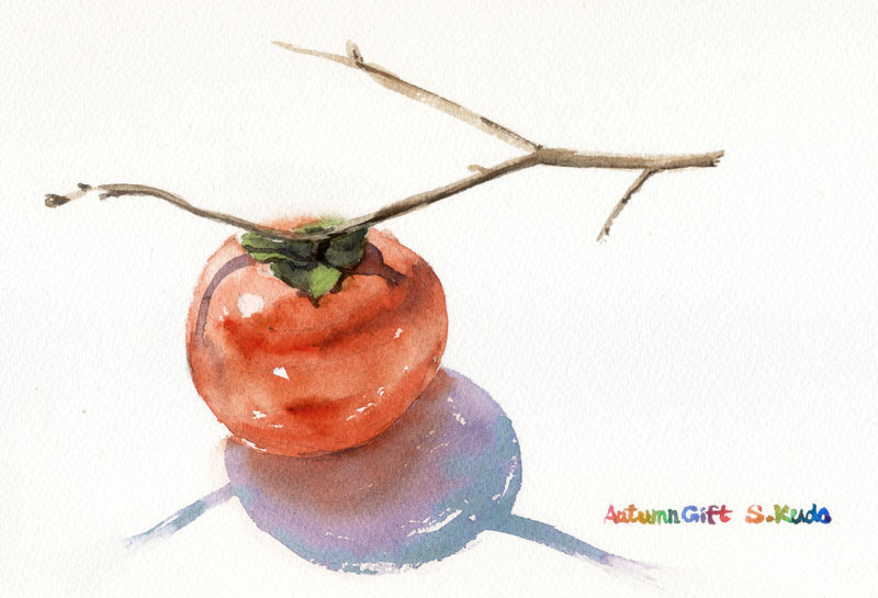 フラワープリント 柿みのるころー白壁の土蔵