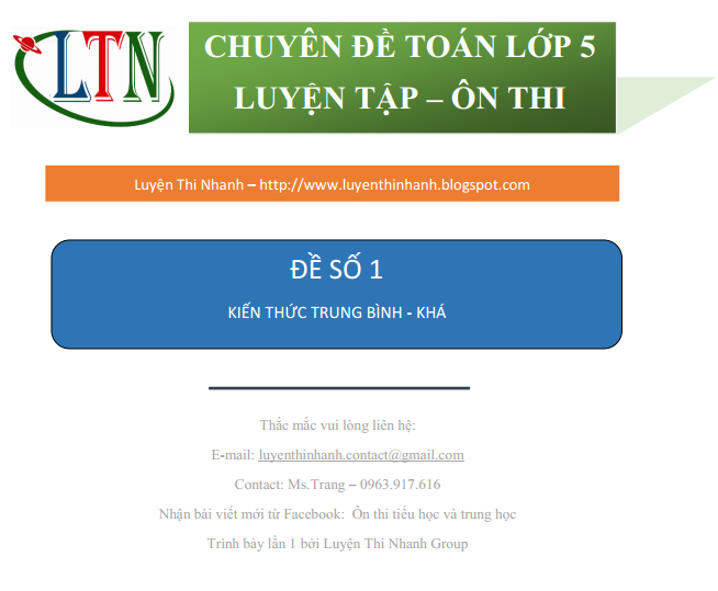 Đề ôn thi toán lớp 5 cuối kỳ