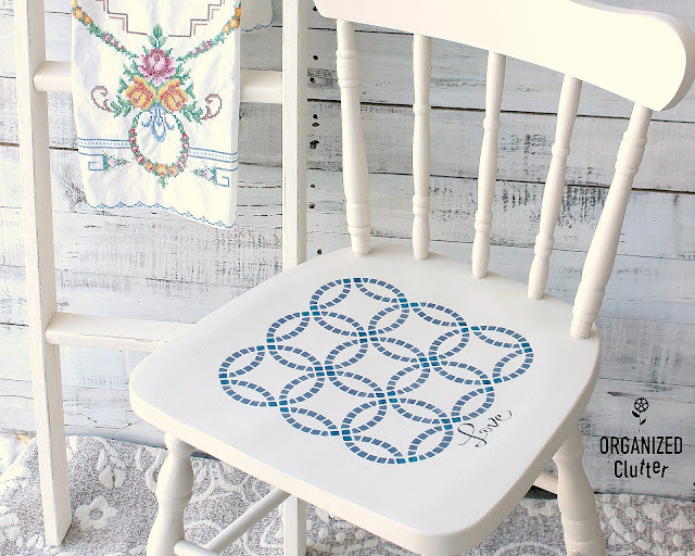 Upcycled Garage Sale Chair With Stenciled Wedding Ring Quilt Pattern #dixiebellepaint #weddingringpattern #weddingringquilt #stencil #upcycle #garagesalefind #furnitureupcycle