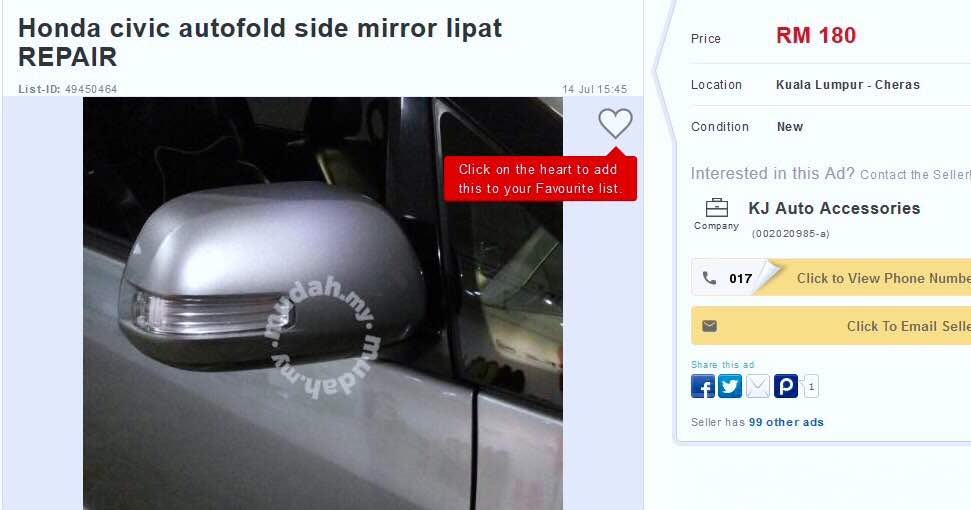 Cermin sisi kereta autoflip rosak Repair atau tukar baru 